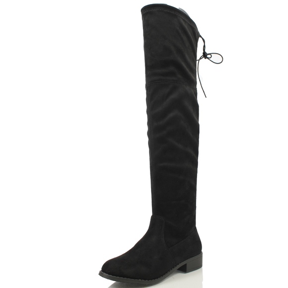 Black Faux Suede Over the Knee Back Tie  Boot - Picture 2 of 6